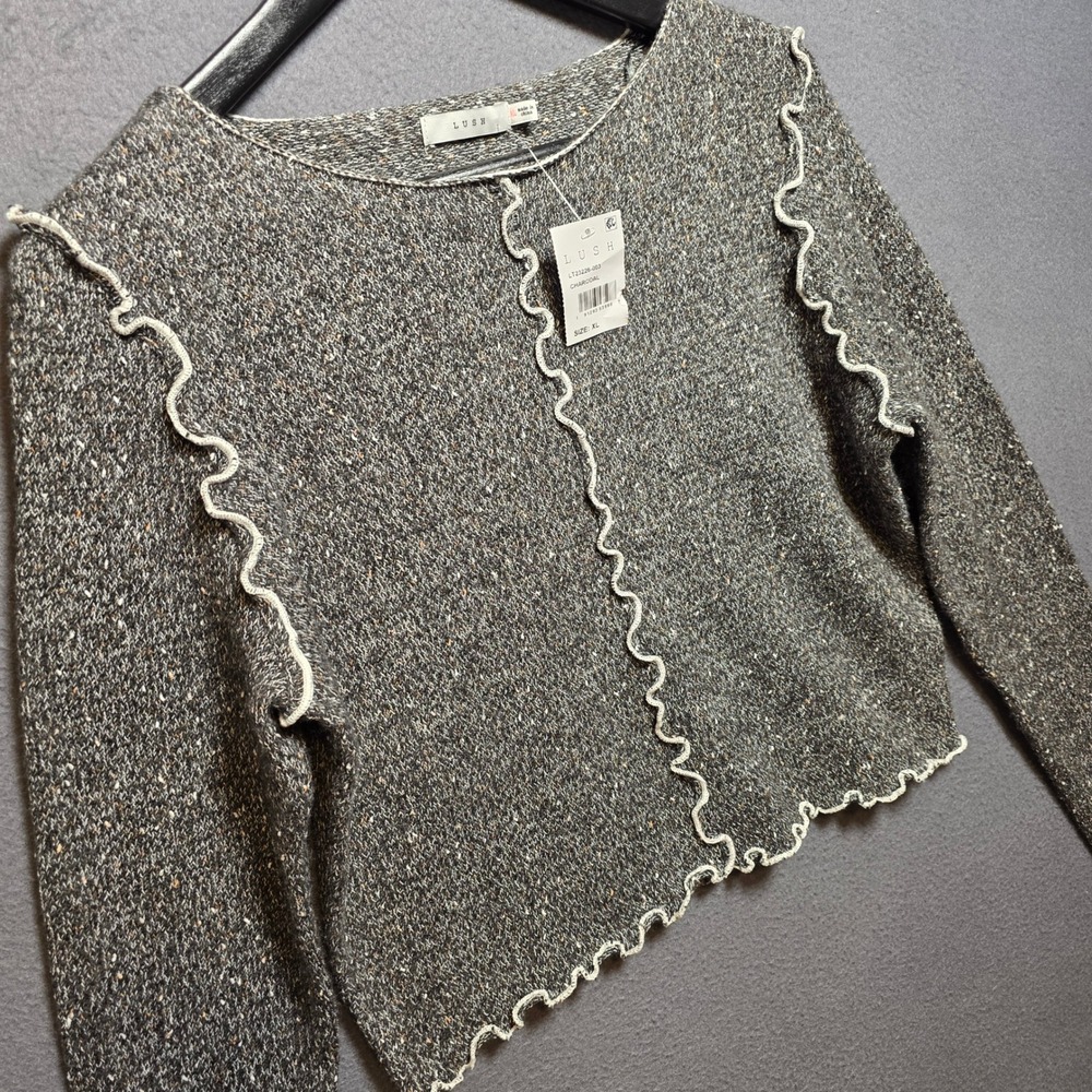 Lush Charcoal Gray Marled Knit Lettuce Edge Crop Sweater XL NWT Cozy Top